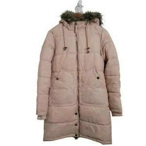 Maralyn & Me Faux-Fur-Trim Hooded Puffer Coat Juniors size M pink mid- length